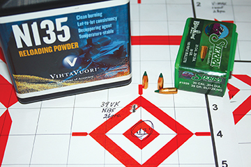 Patrick’s rifle loves Sierra’s 39-grain VarmintKing (formerly BlitzKing), which showed again in this test. Using 26 grains of Vihtavuori N135, a .17-inch group resulted, with a muzzle velocity of 3,818 fps.